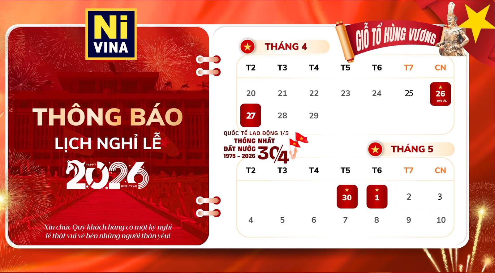 Lịch Nghỉ Lễ Giỗ Tổ, 30/4 và 1/5 năm 2026 từ NIVINA